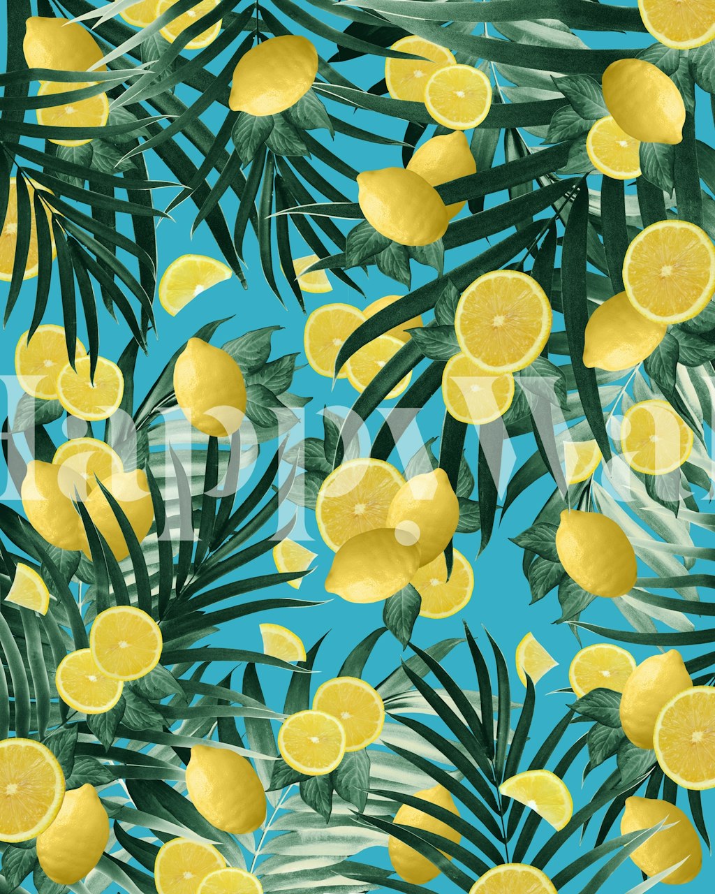 Tropical lemon pattern with green leaves on blue background wallpaper