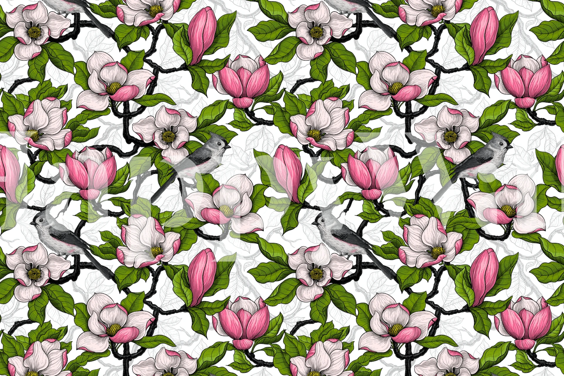 Blooming magnolia and bird wallpaper design