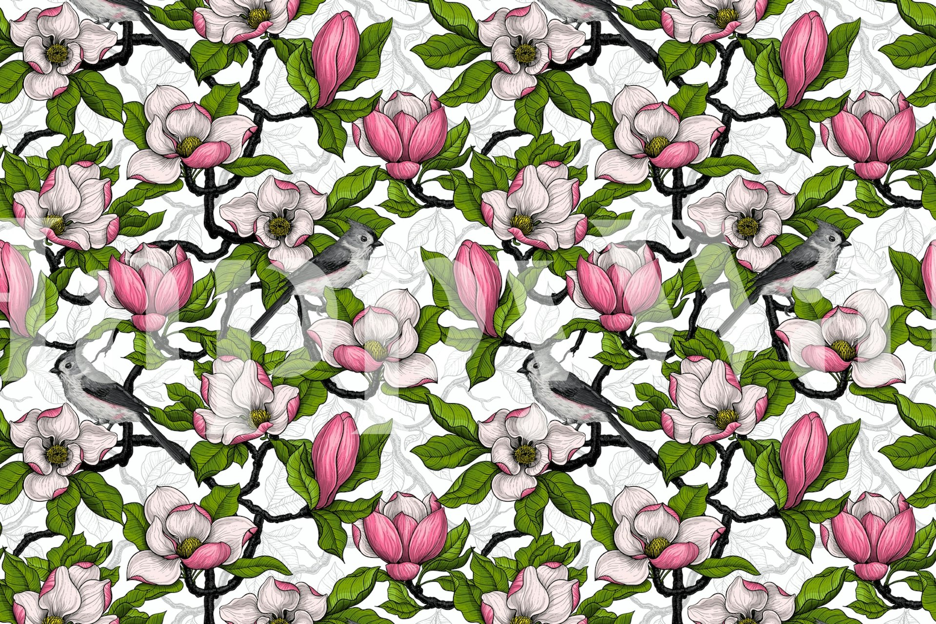 Blooming magnolia and bird wallpaper design