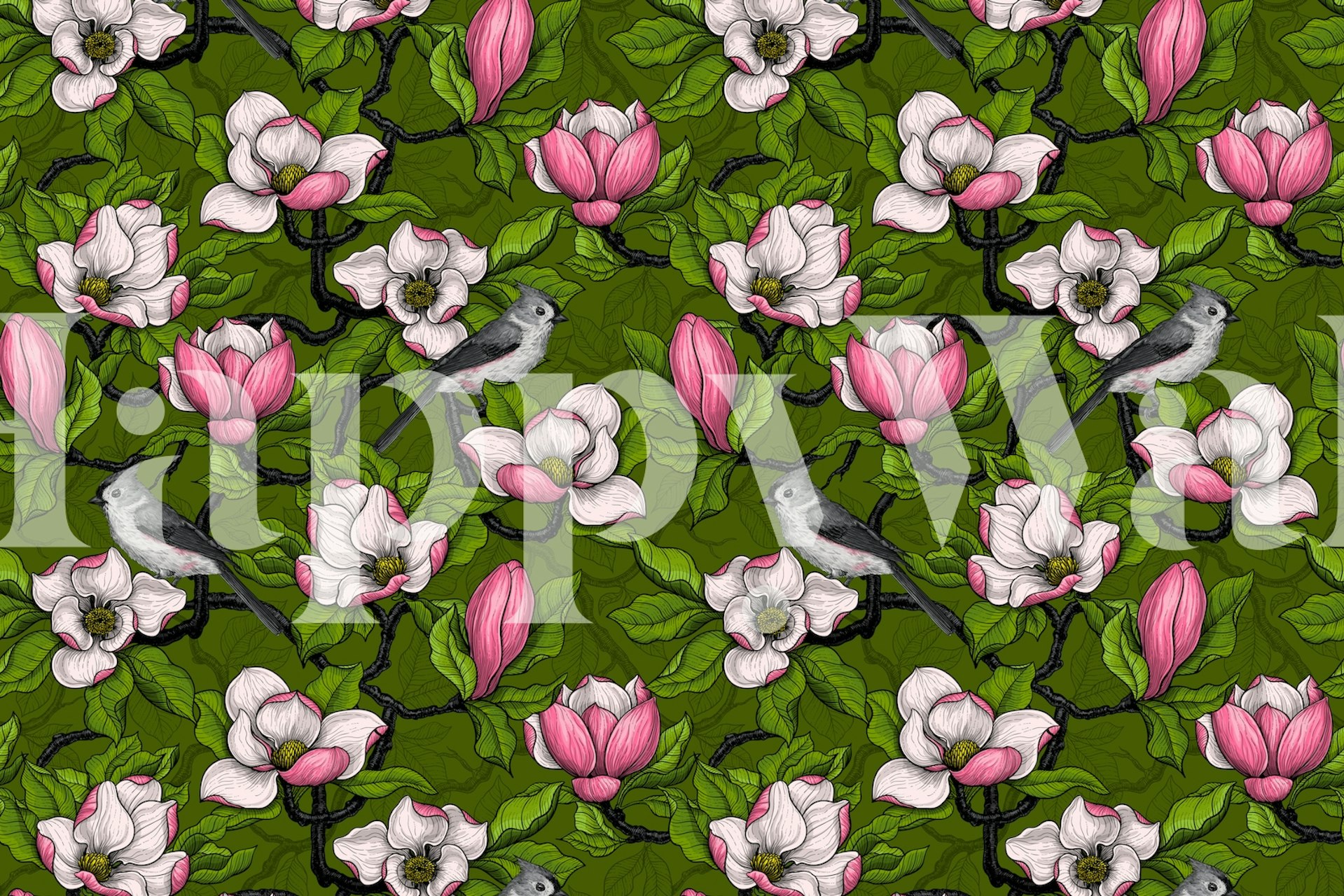 Floral magnolia and bird pattern in pink and green wallpaper