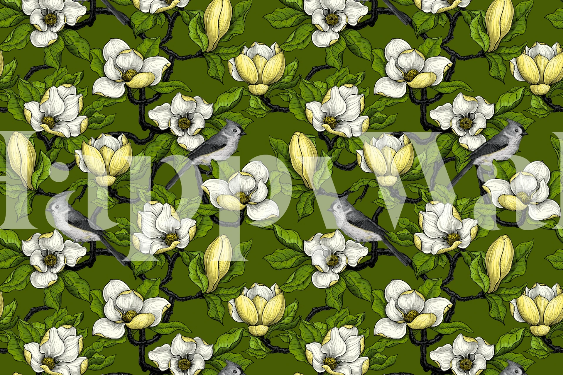 Blooming magnolia flowers and bird wall mural on green background