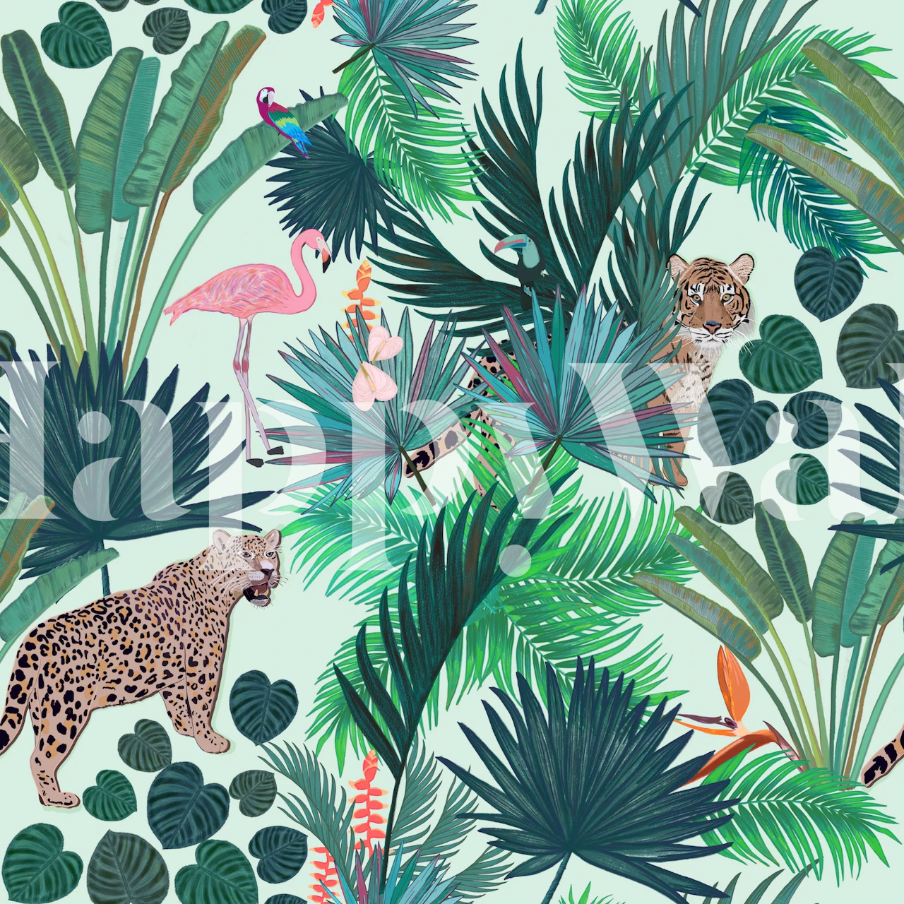 Tiger and leopard among green tropical leaves and pink flamingo wallpaper