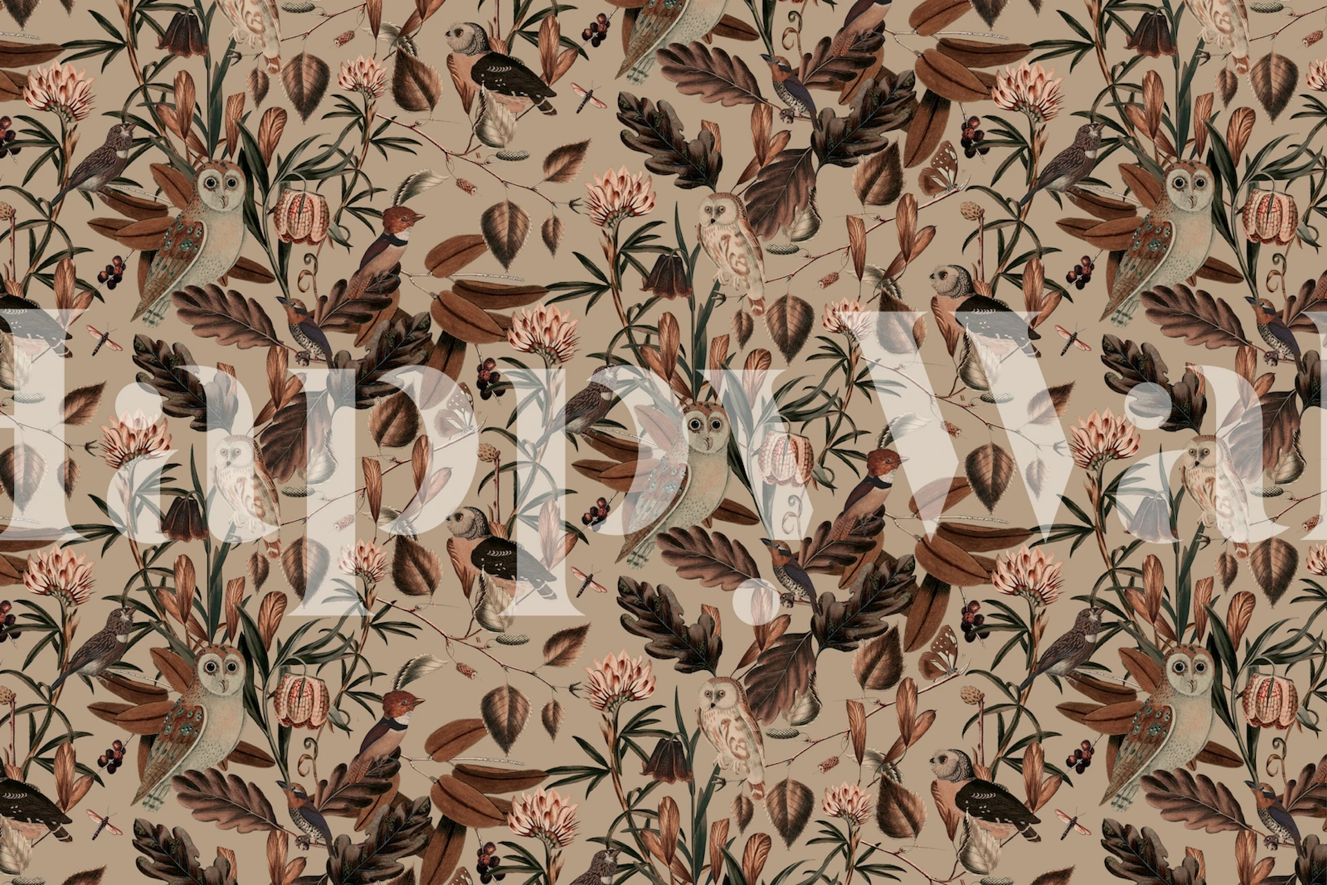 Owls and floral elements in muted colors wallpaper