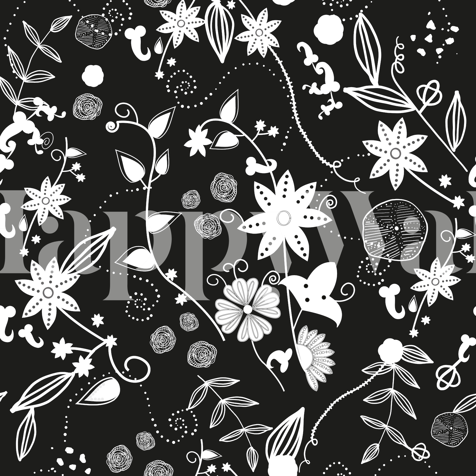 Black and White Boho Flowers Wallpaper - Happywall