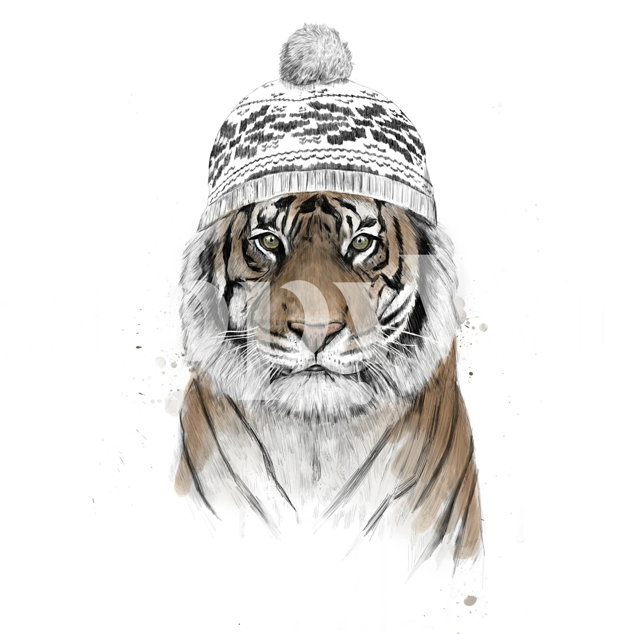 Mural de pared de tigre siberiano con una ilustración detallada de la cara de un tigre sobre un fondo blanco