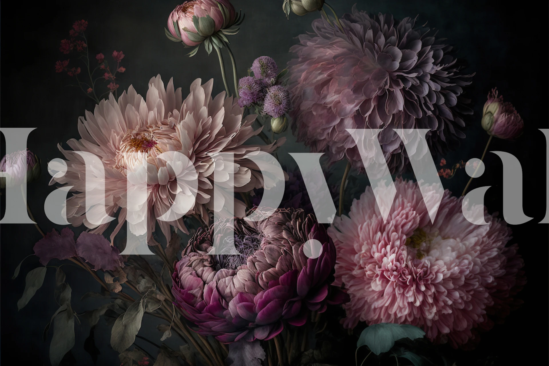 Floral design in soft pink tones, detailed large flowers on dark background, wallpaper