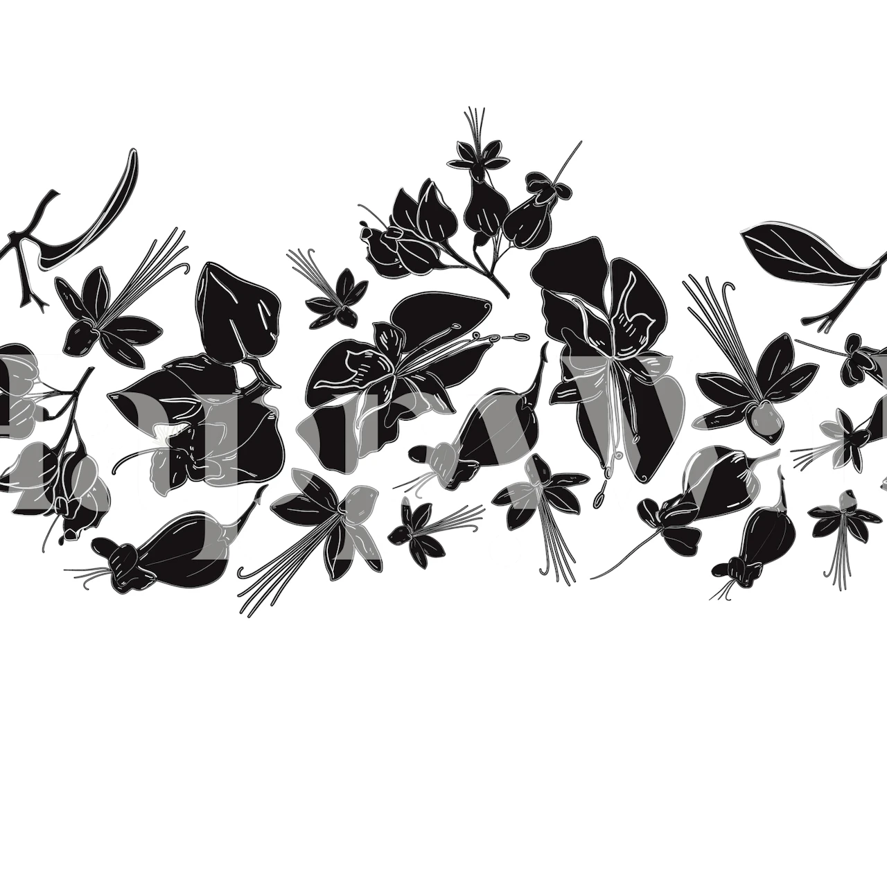 Monochrome floral silhouette wall mural for modern interior decor