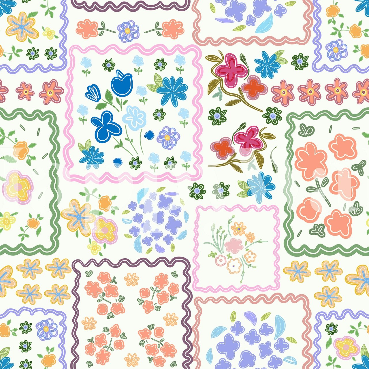 Colorful patchwork floral design in multiple shapes and colors wallpaper