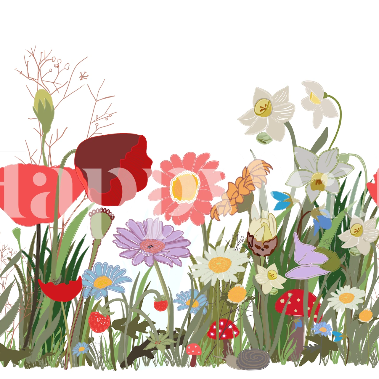 Colorful flowers and grass wallpaper in bright hues