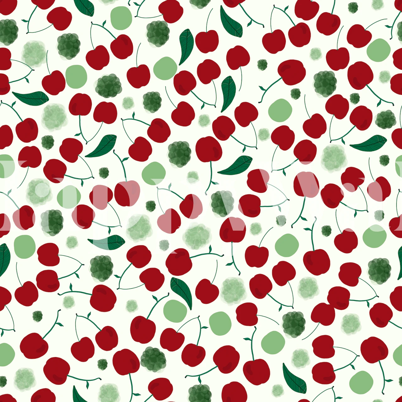 Red and green cherry patterned wall mural with shining dots
