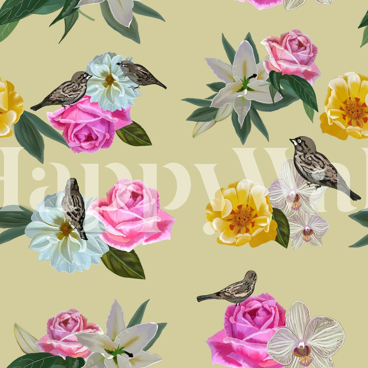 Blommig tapet med rosor och fåglar på en gul bakgrund