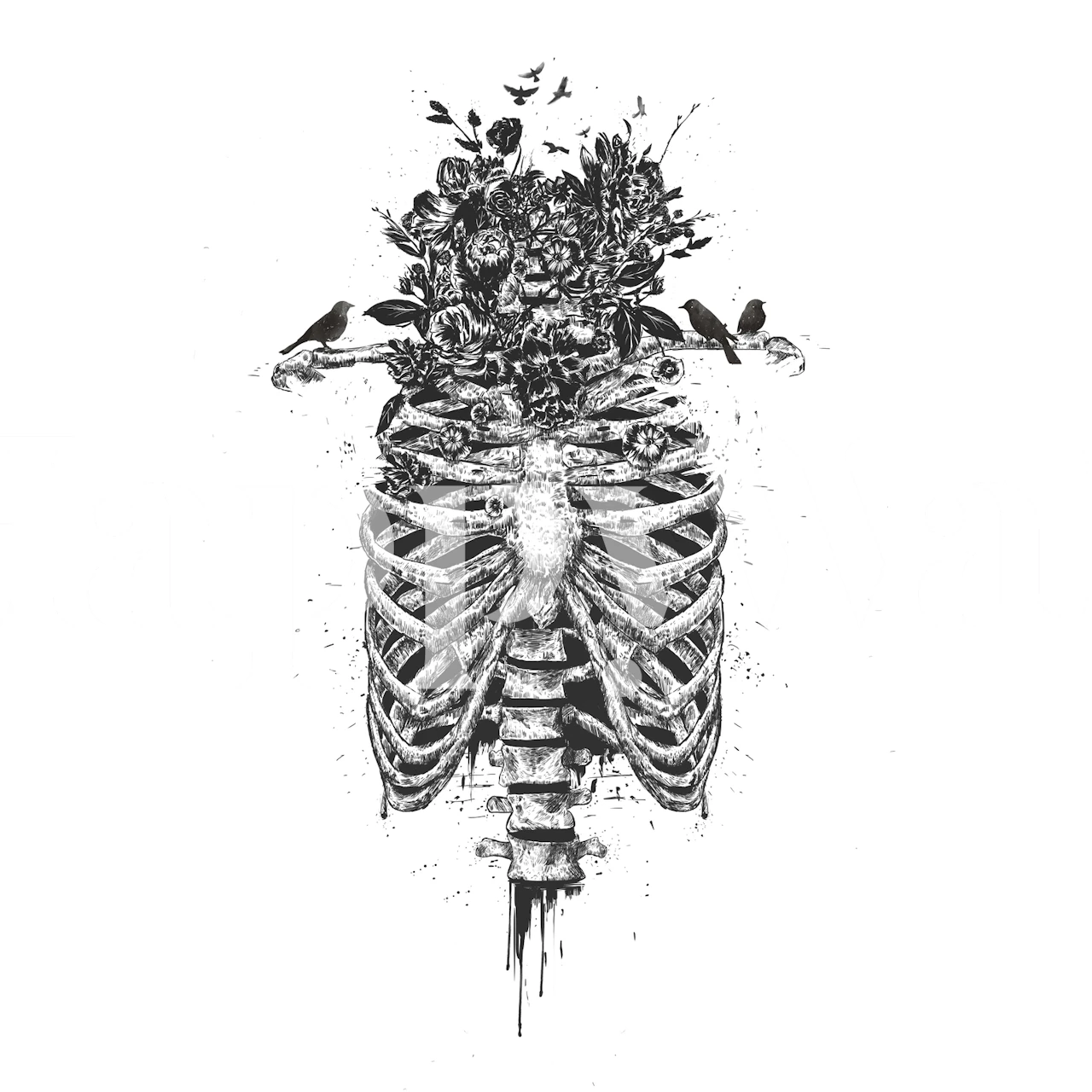 Black and white floral skeleton wallpaper with birds and flowers