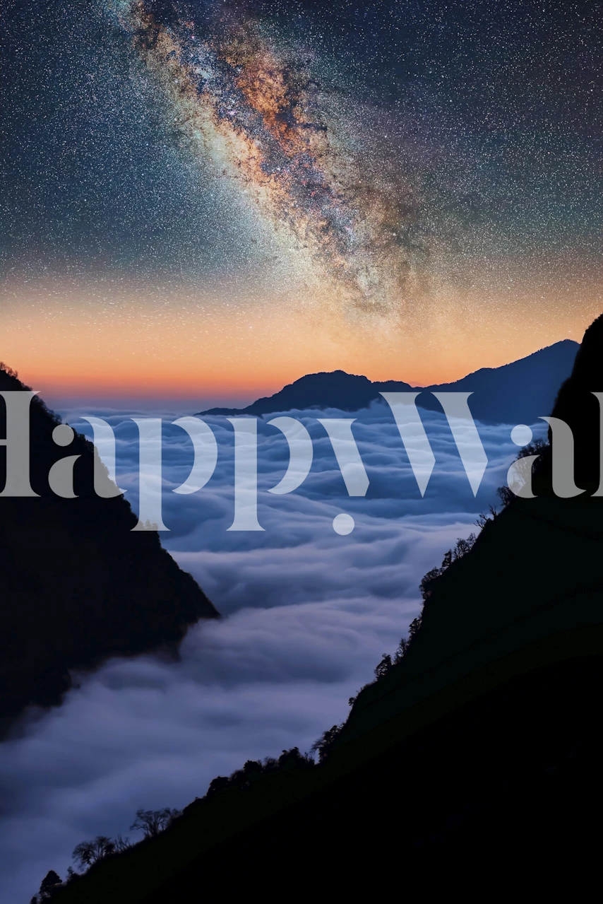 Mountain landscape with clouds and starry sky wallpaper