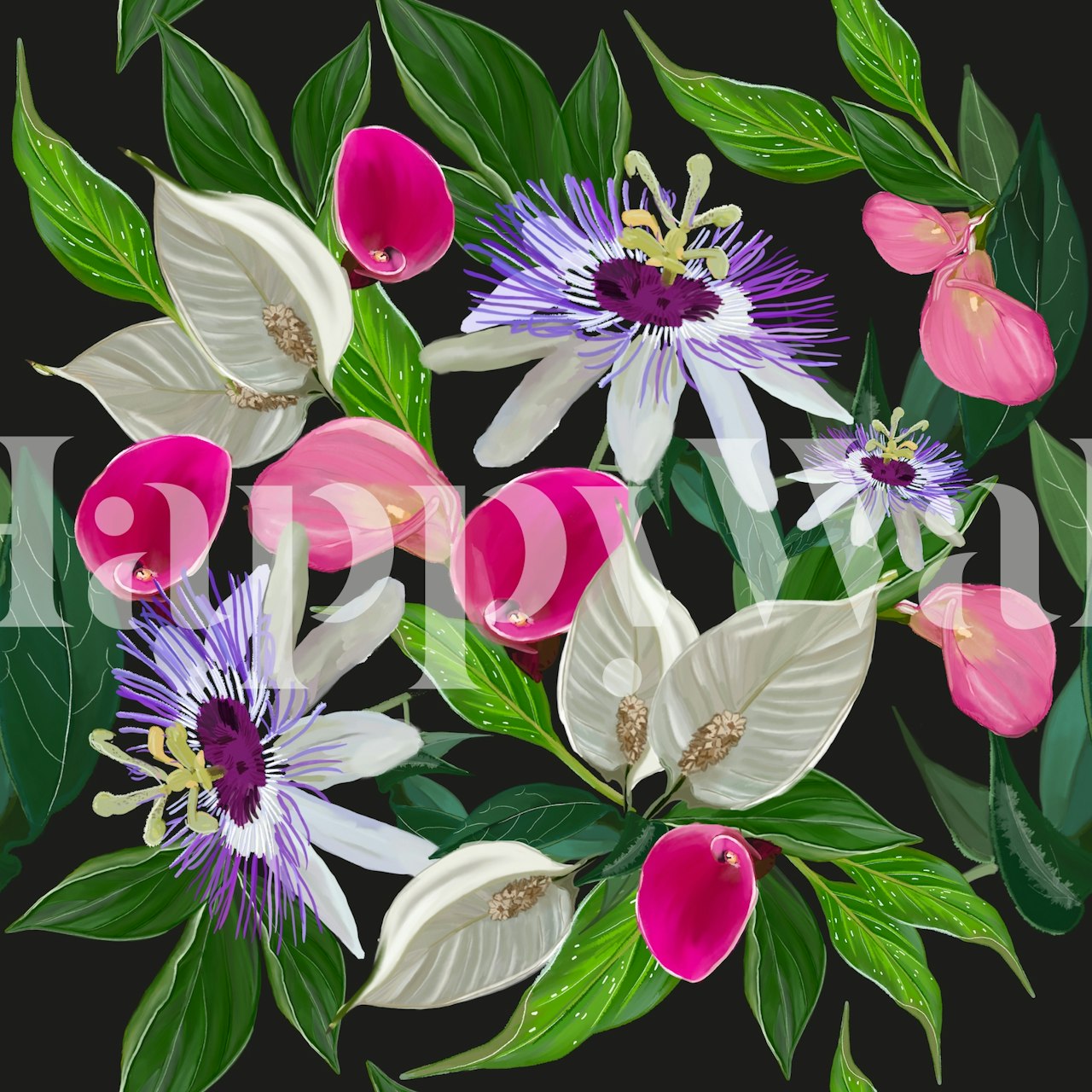 Colorful flowers in pink and purple with green leaves wallpaper