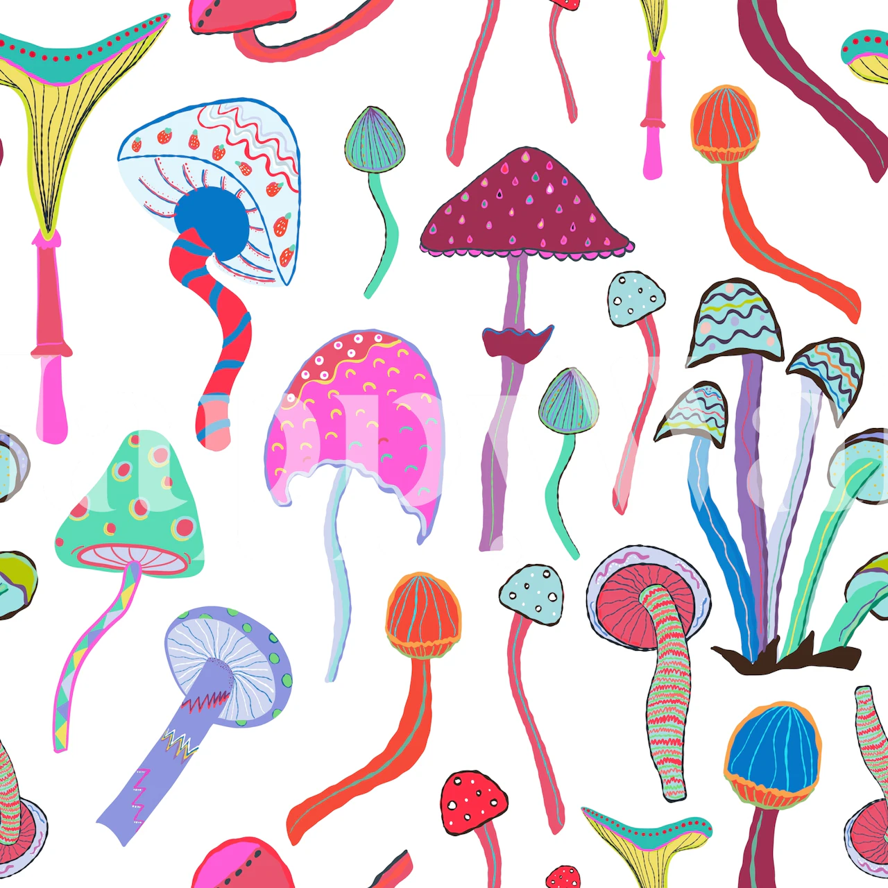 Colorful mushrooms in various shapes and sizes on white background wallpaper