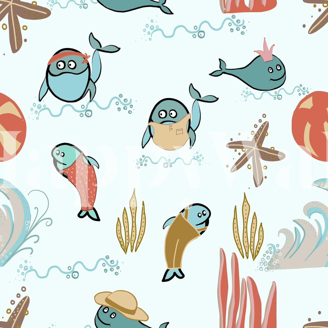 Whale characters and sea elements in pastel colors wallpaper
