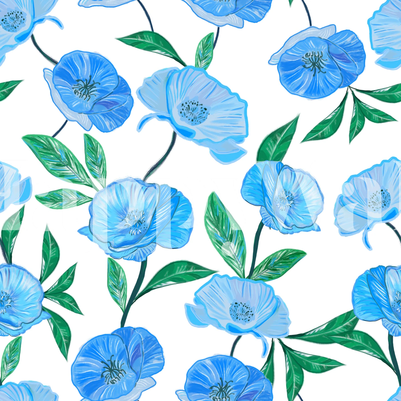 Blaue Mohnblumen-Tapete mit leuchtend blauen Blüten und grünen Blättern auf weißem Hintergrund