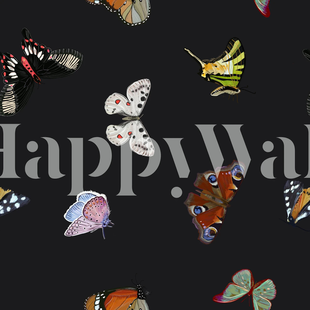 Colorful butterflies in various styles on dark background wallpaper