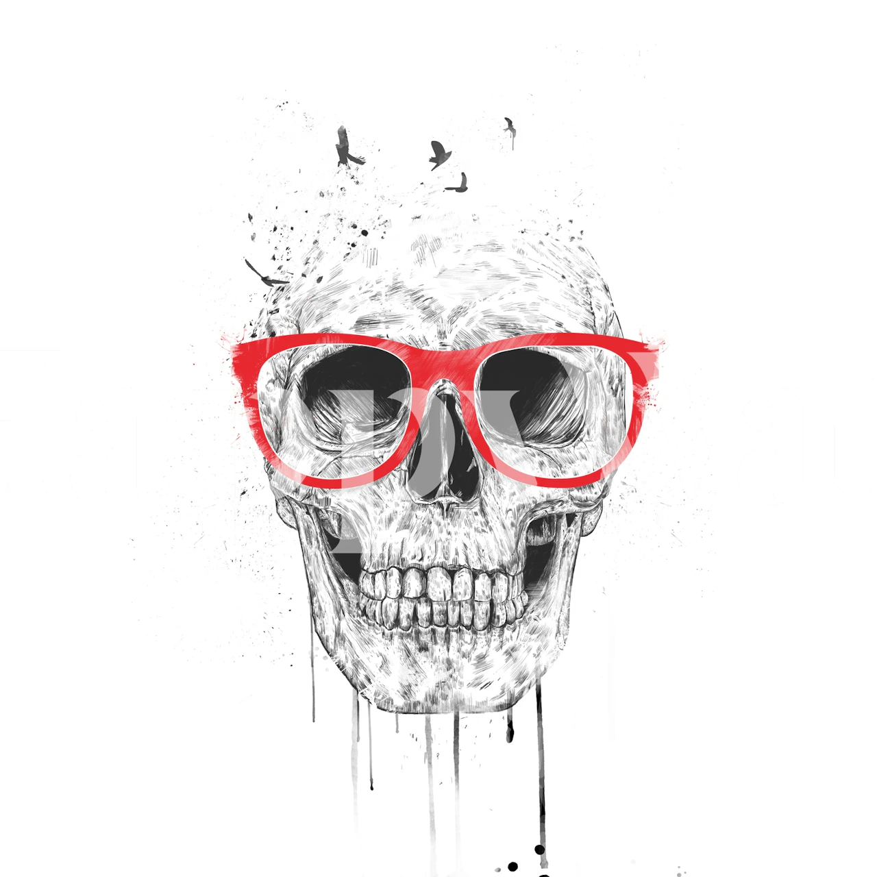 Black and white skull with red glasses wall mural
