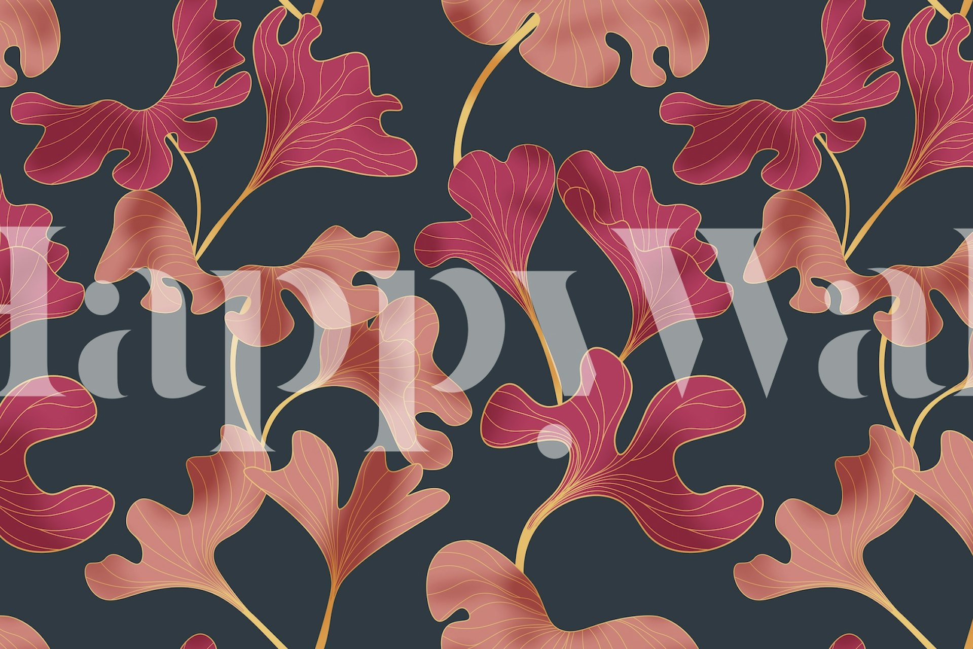 Magenta leaves with gold accents on dark background wallpaper