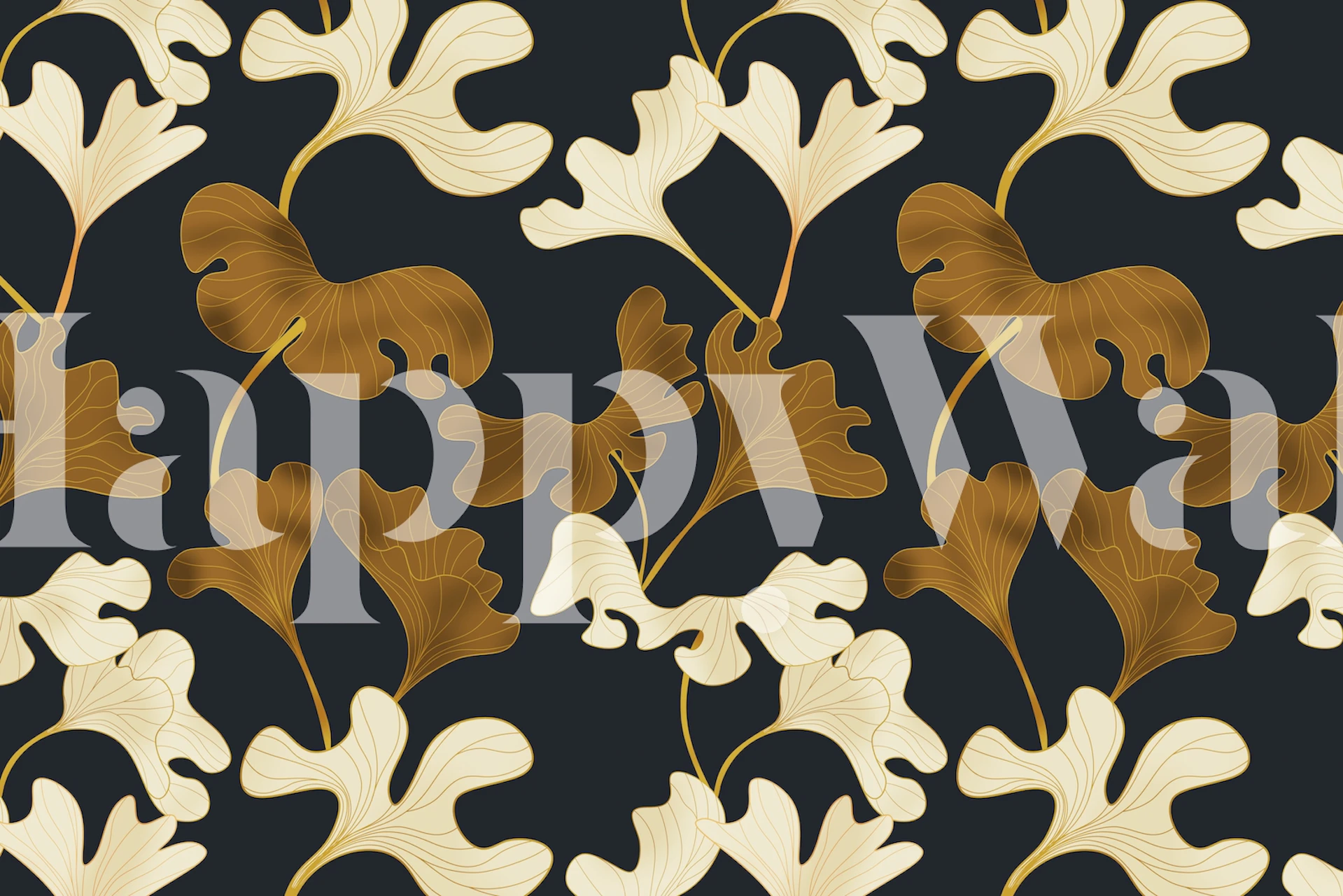 Pearl and Camel Plants wall mural with botanical pattern on a black background