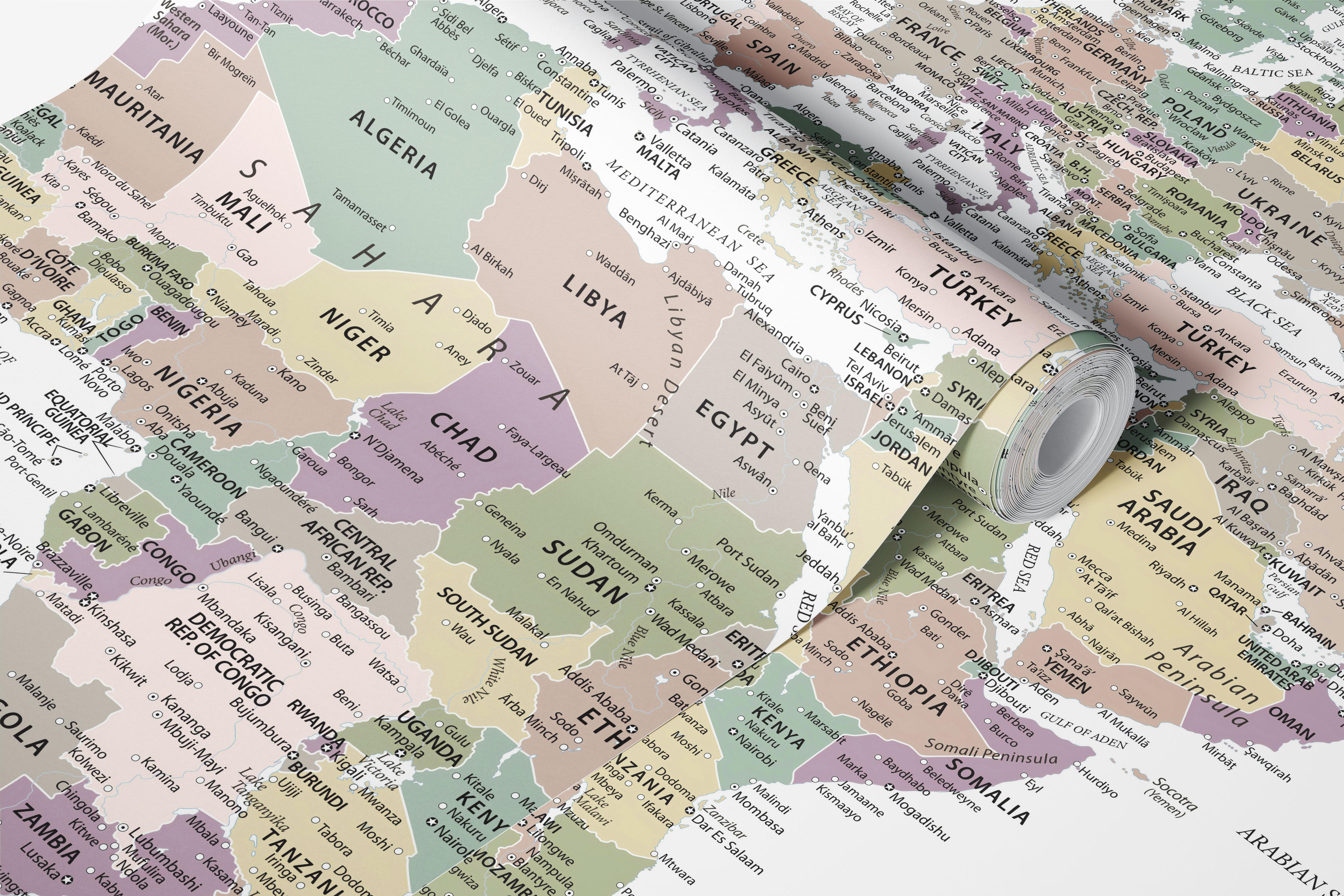 Vintage world map with muted colors and geographic details wallpaper