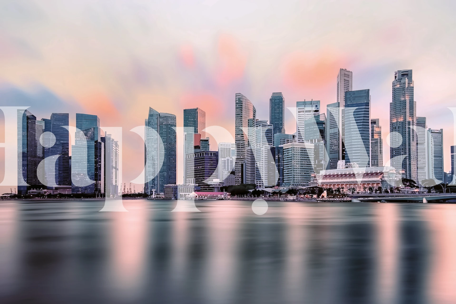 City skyline at sunset with pink and blue hues wallpaper