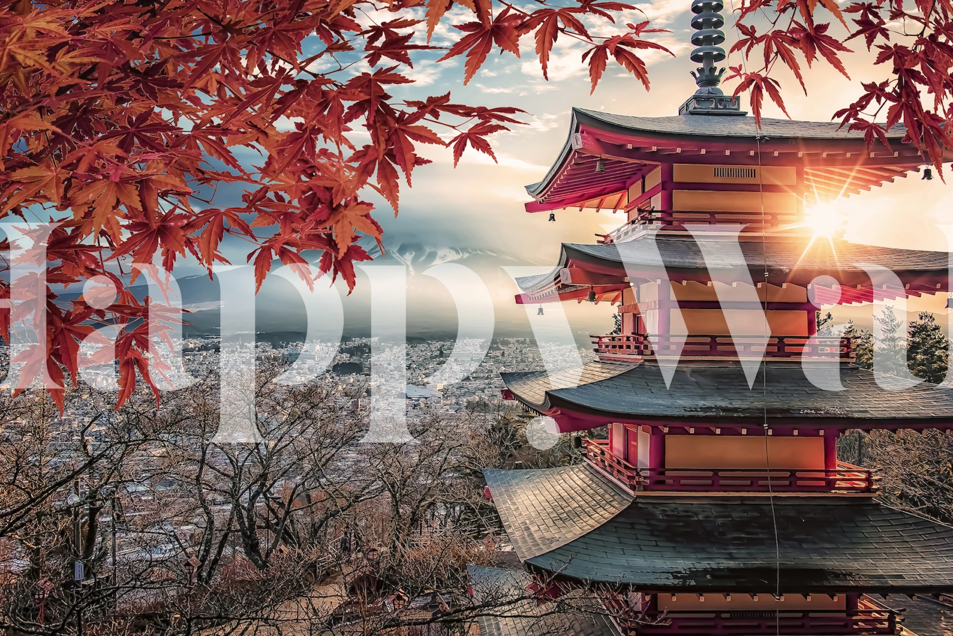Pagoda with red maple leaves and mountains background wallpaper