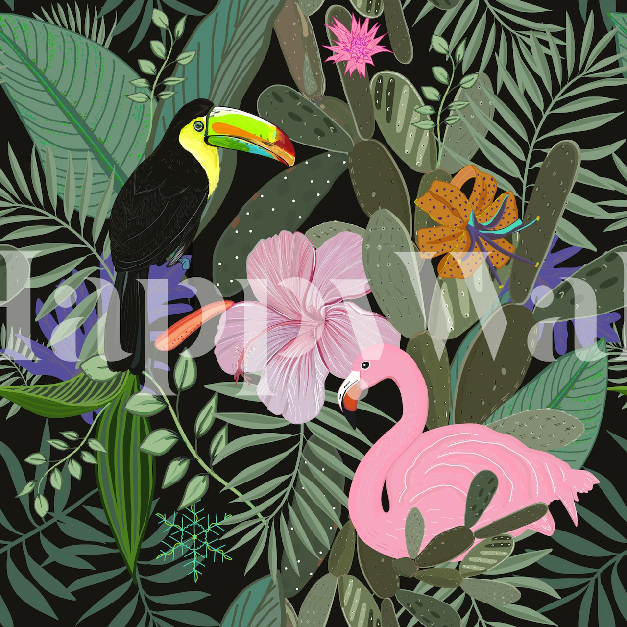 Exotic jungle pattern wall mural with dark background, featuring foliage, flowers and wildlife