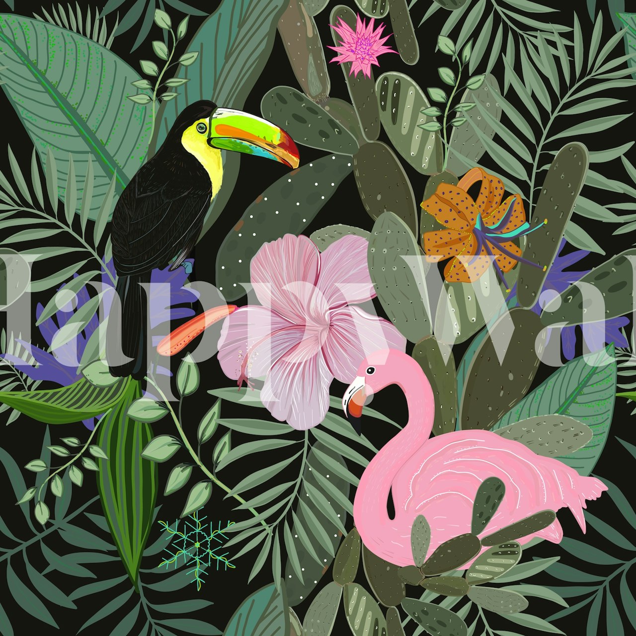 Exotic jungle pattern wall mural with dark background, featuring foliage, flowers and wildlife