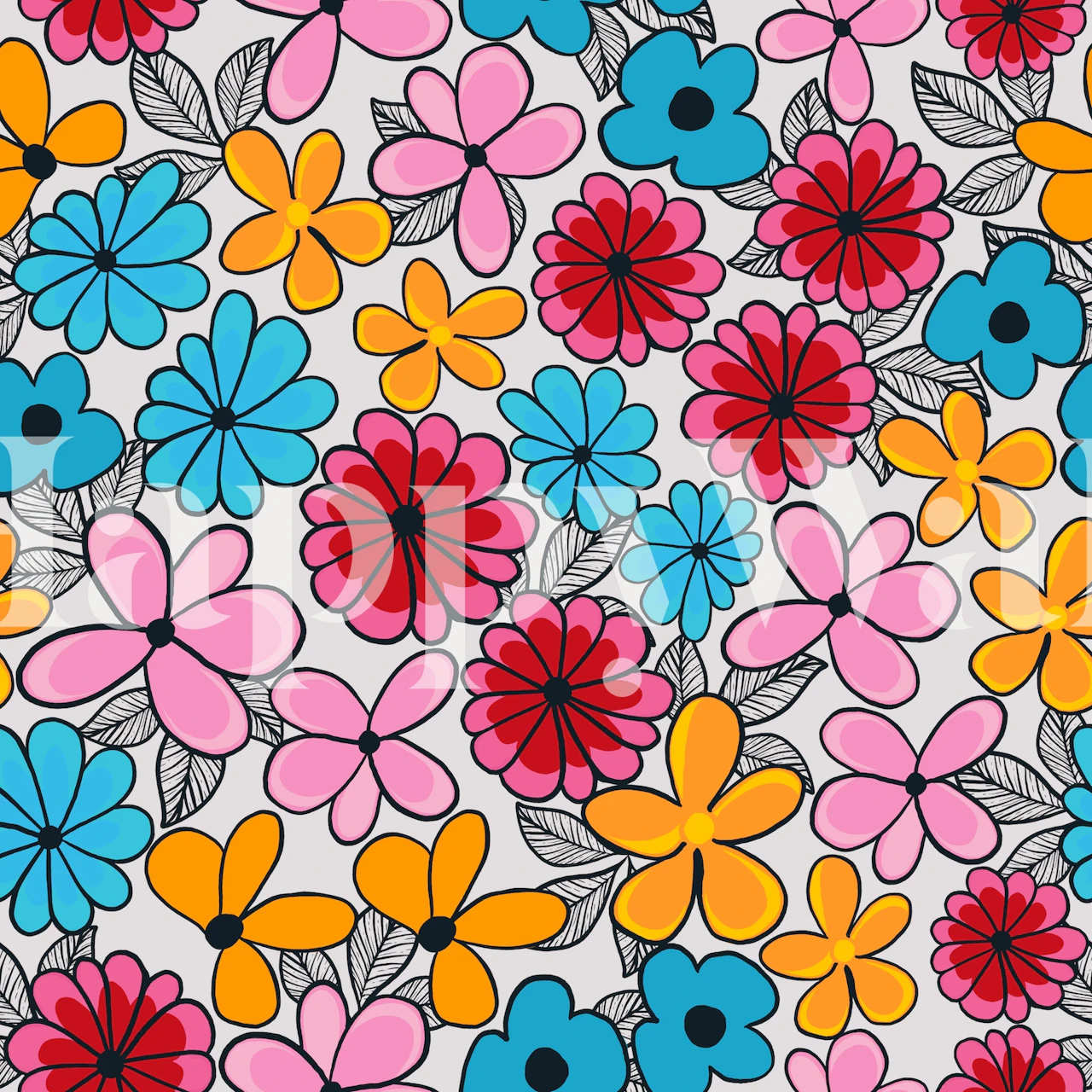 Fotomural vinílico de parede colorido com padrão floral e uma mistura de flores rosa, azuis e amarelas representando Summer Love.