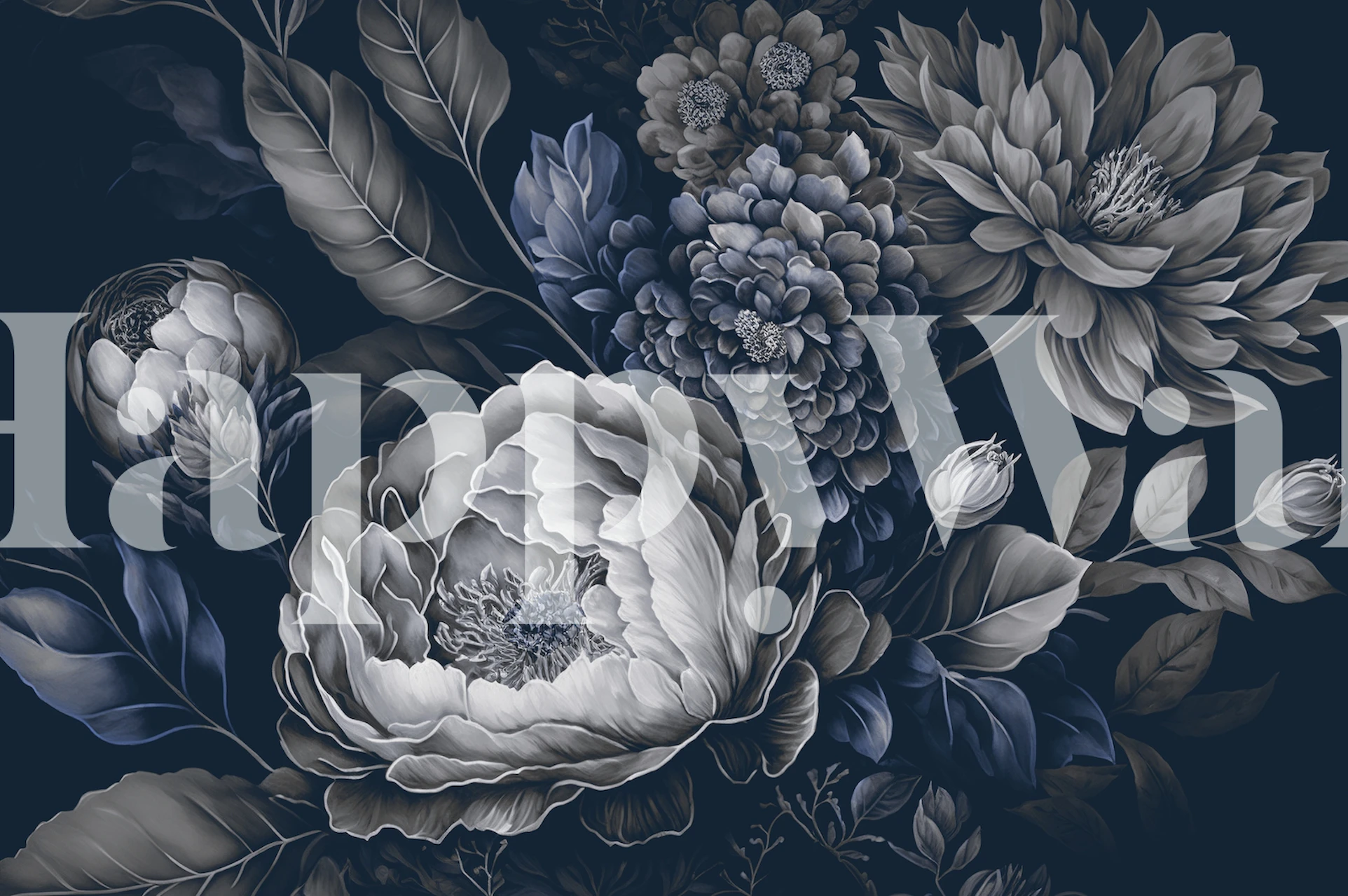 Large floral design featuring blue and white peonies and leaves wallpaper