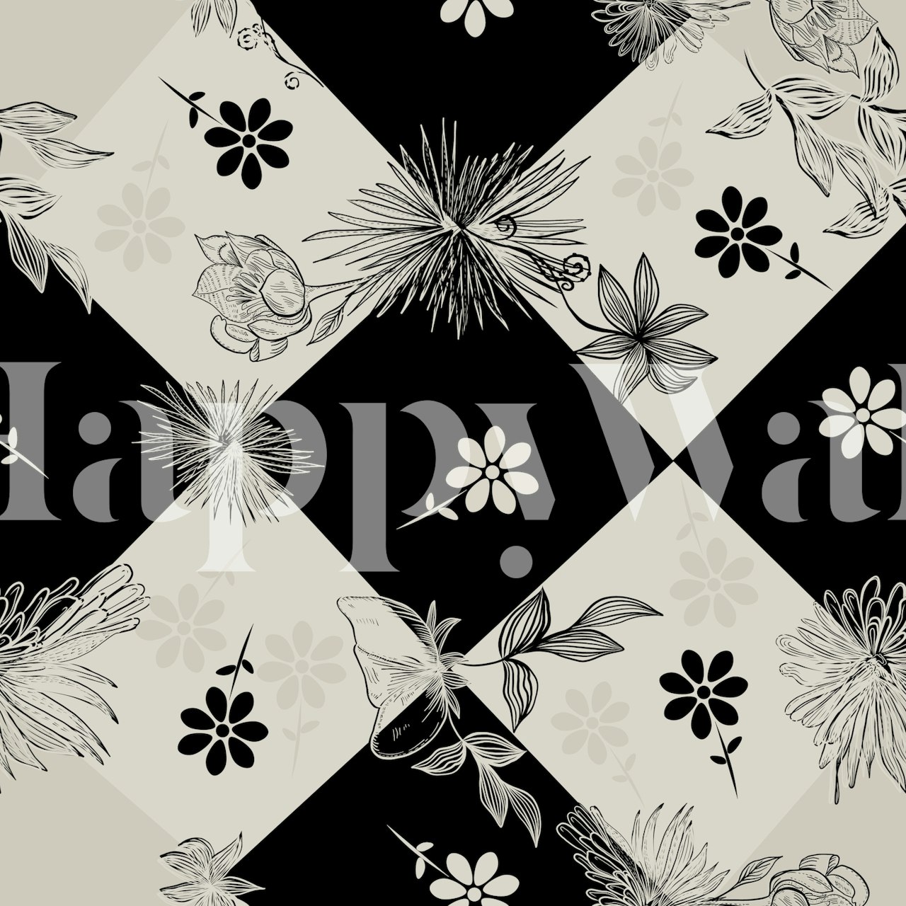 Carta da parati con motivi floreali e geometrici in bianco e nero