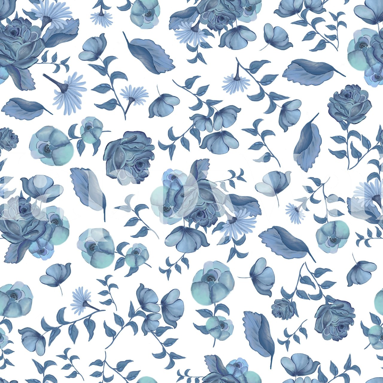 Διαχρονική μπλε φλοράλ τοιχογραφία με κομψά άνθη και φύλλωμα