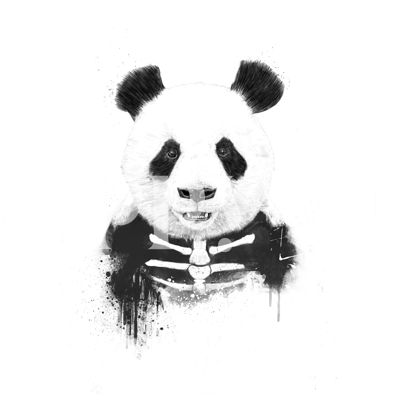 Zombie panda illustration in black and white style wallpaper