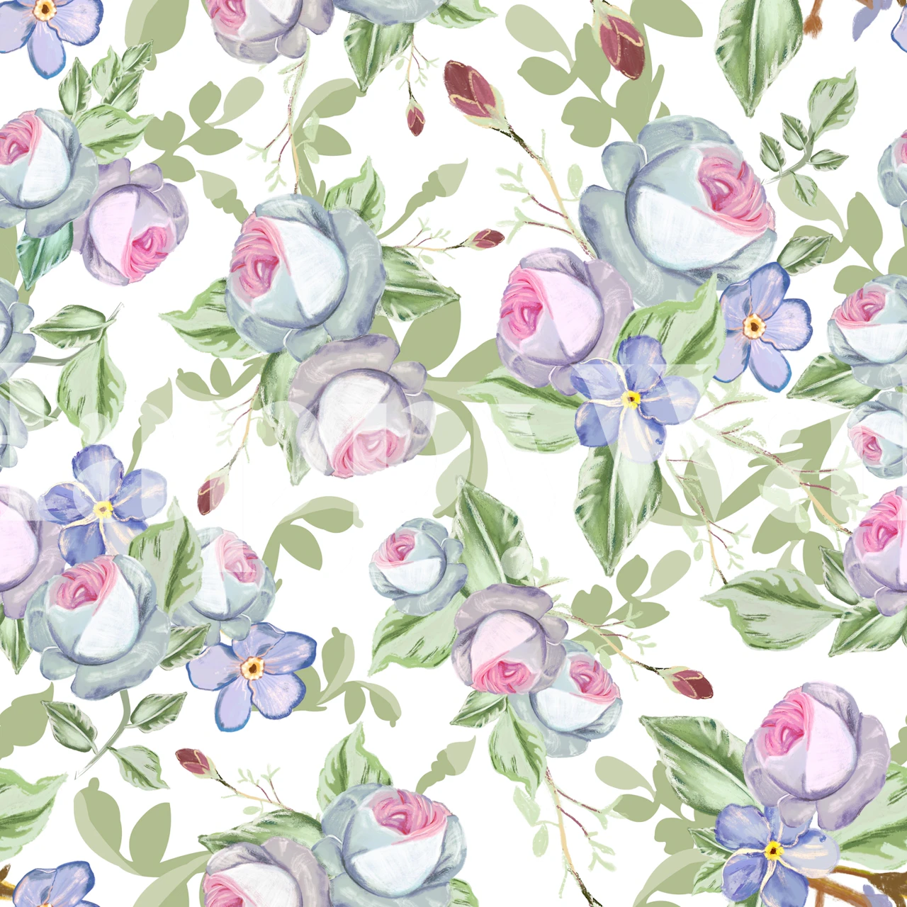 Pastel roses and blue flowers with green leaves wallpaper