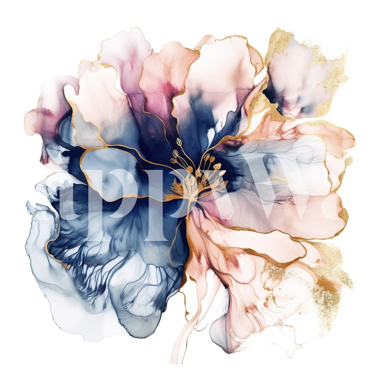 Liquid Flower wall mural with soft blue, pink, and cream hues