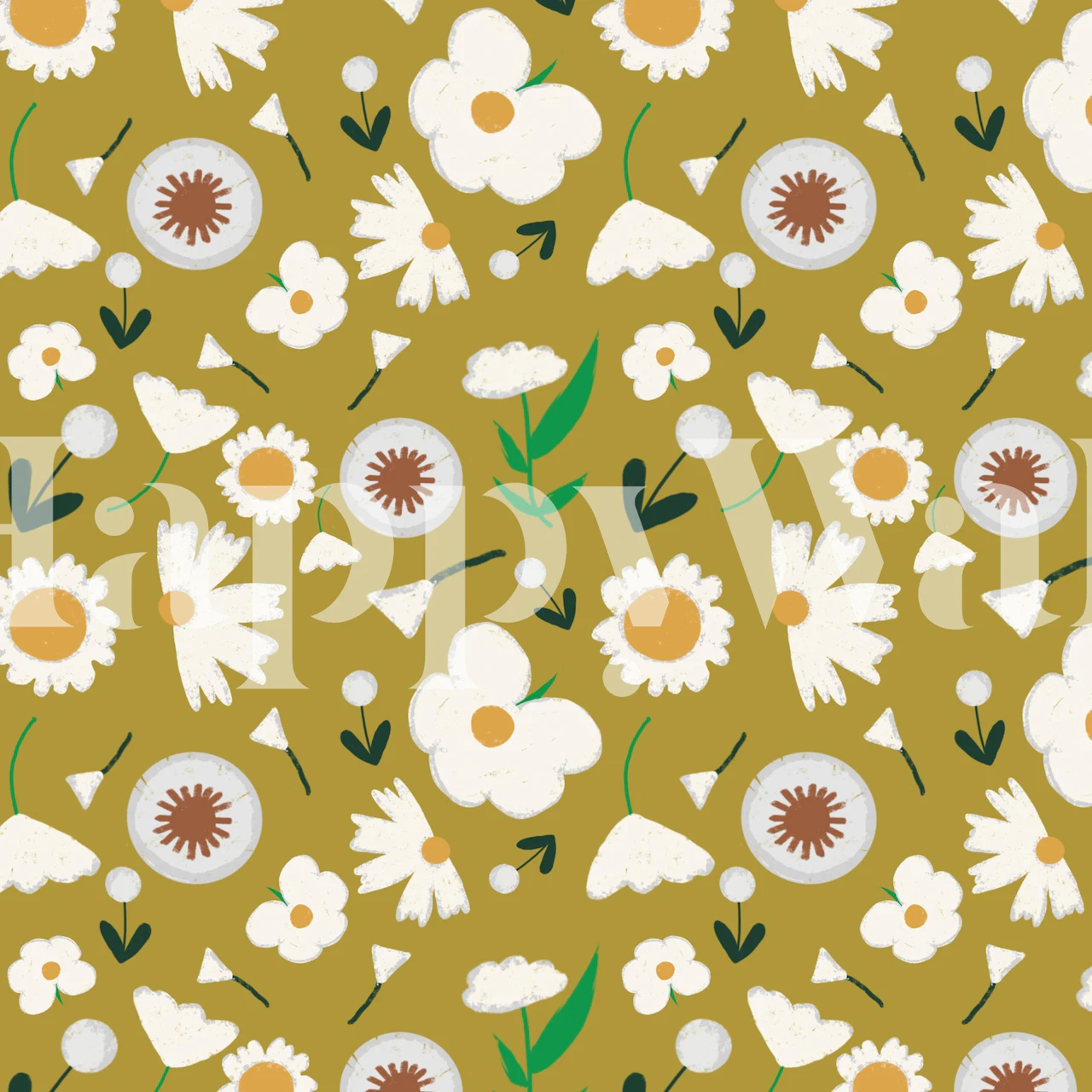 Floral design with marigolds and dandelions, mustard background wallpaper