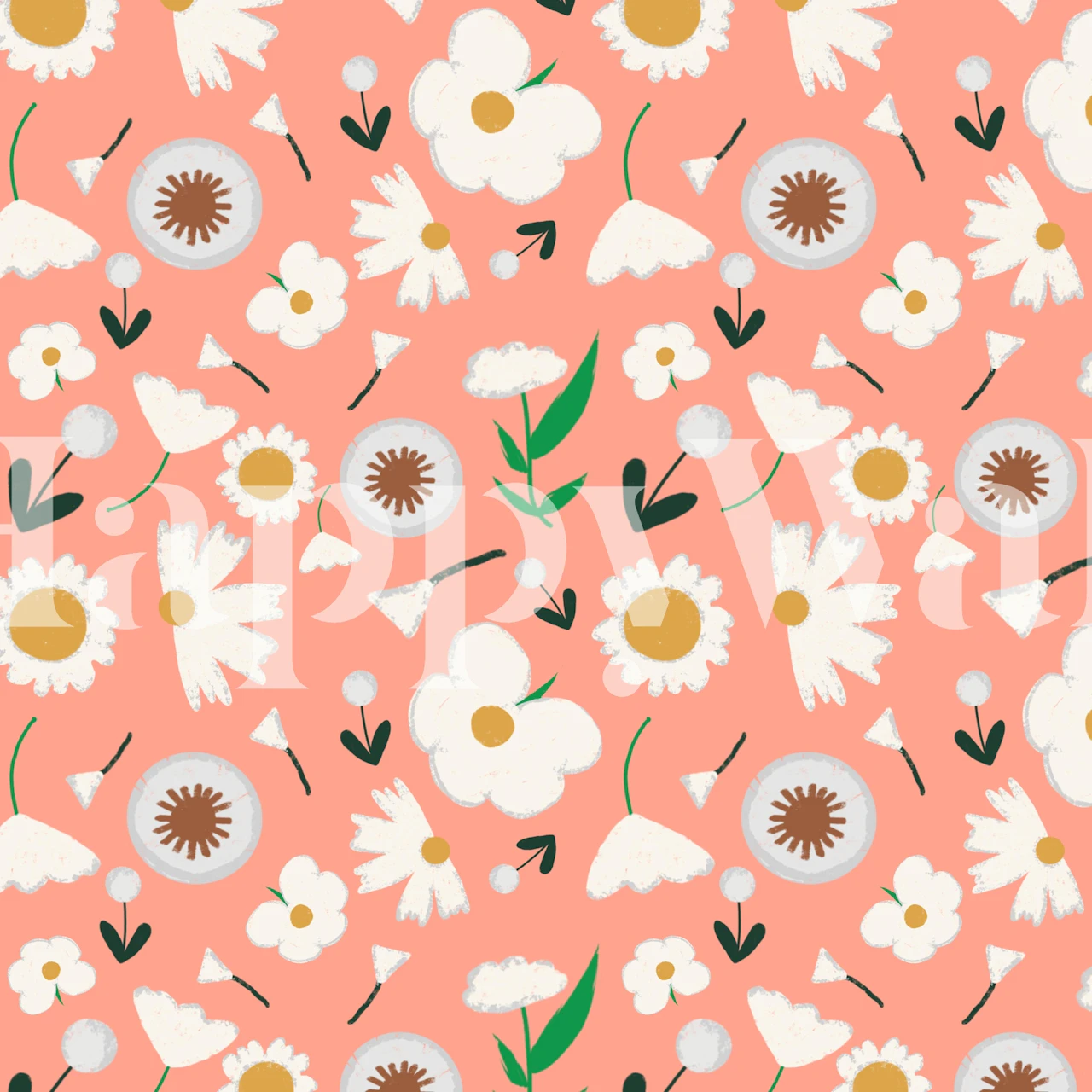 Floral pattern with marigolds and dandelions on a pink background wallpaper