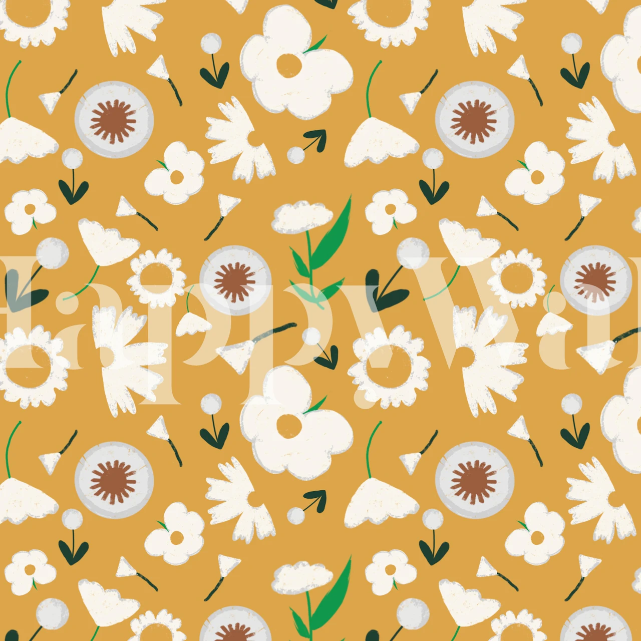 Marigold floral pattern with white flowers and green leaves wallpaper