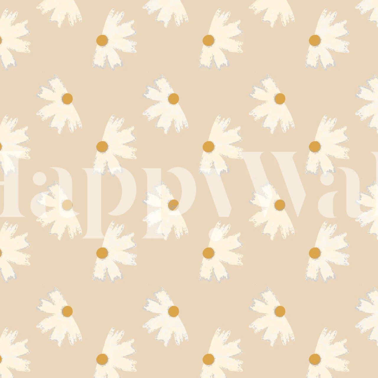 Floral wallpaper with white daisies and yellow centers on a cream background
