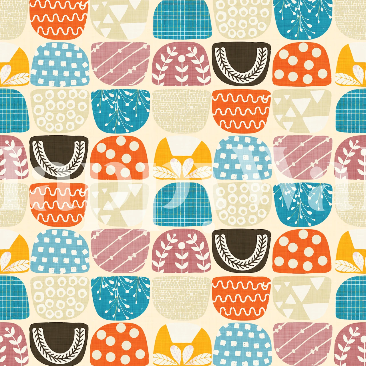Colorful geometric patterns in blue, orange, pink, and beige wallpaper