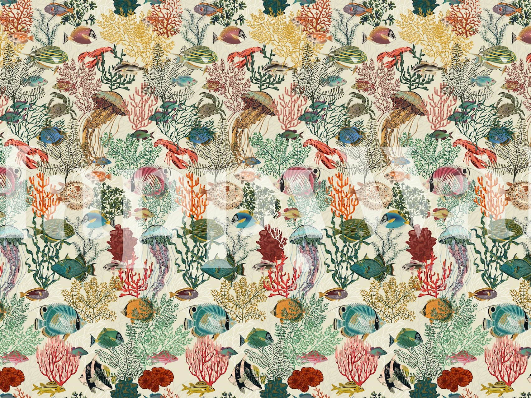 Colorful fish, corals, and jellyfish on cream wallpaper