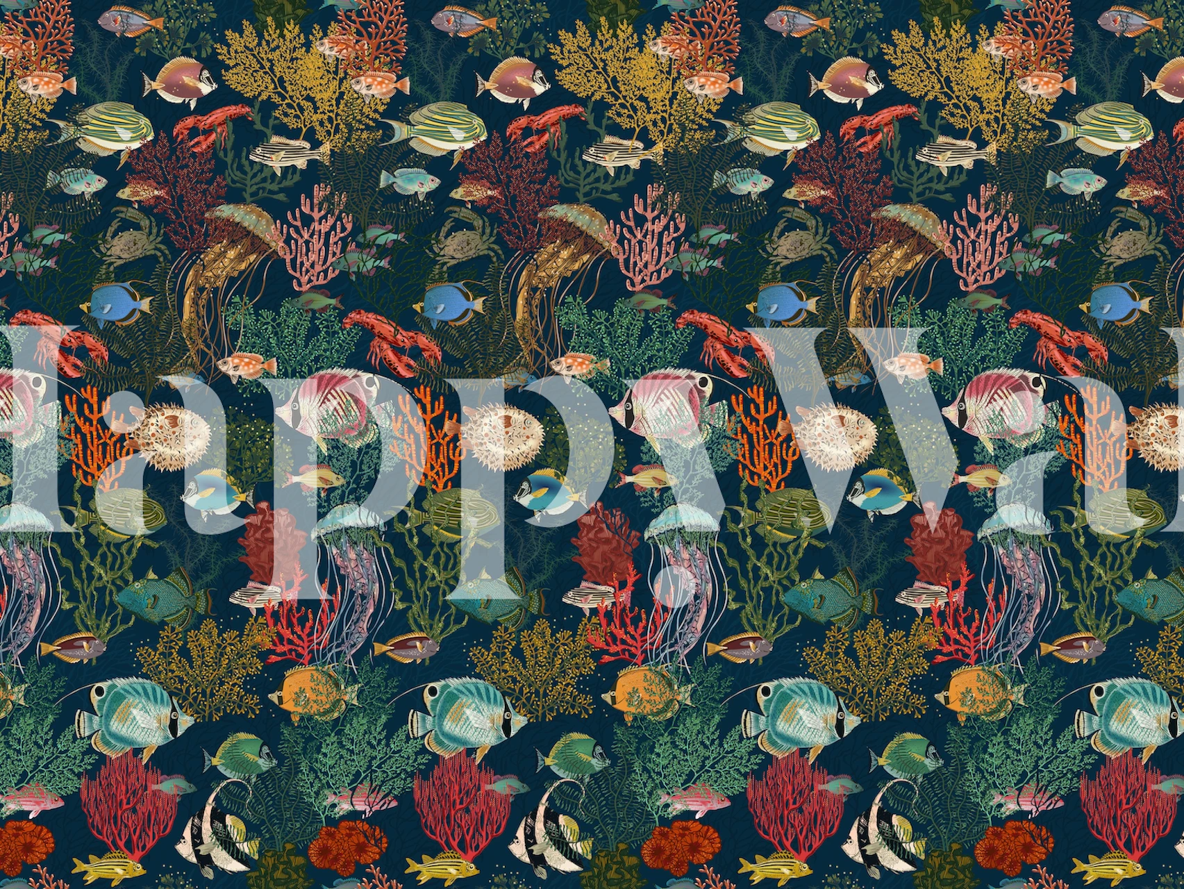 Colorful coral reef with various fish and marine plants wallpaper