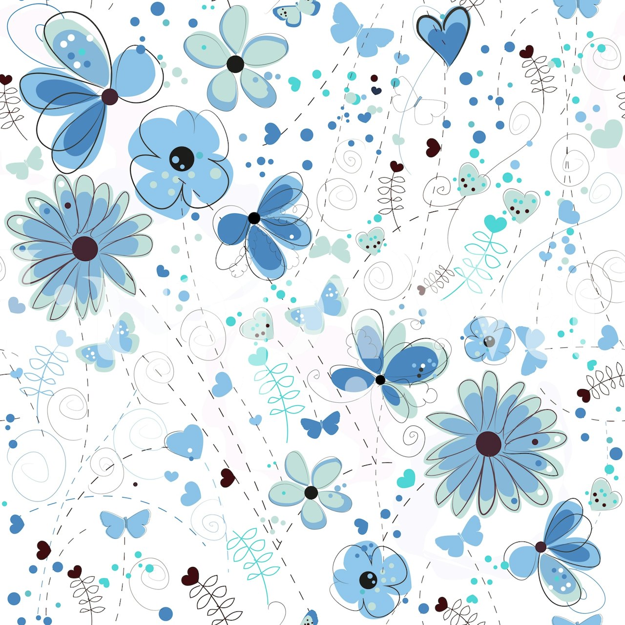 Blue abstract flowers and butterflies, floral wallpaper