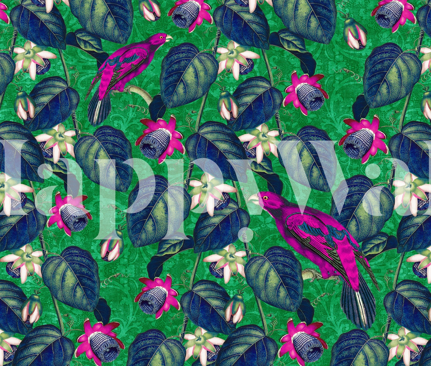 Tropical floral wallpaper featuring pink flowers and green leaves