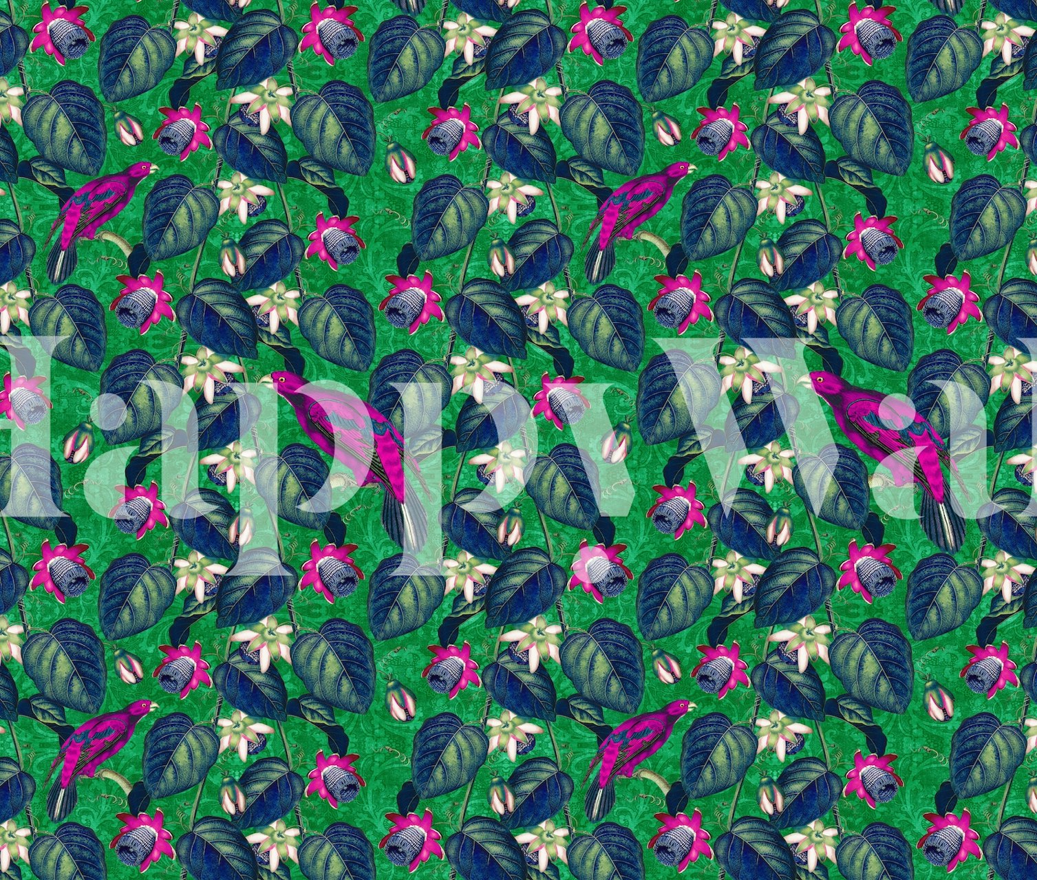 Tropical floral wallpaper with magenta and navy flowers on green background