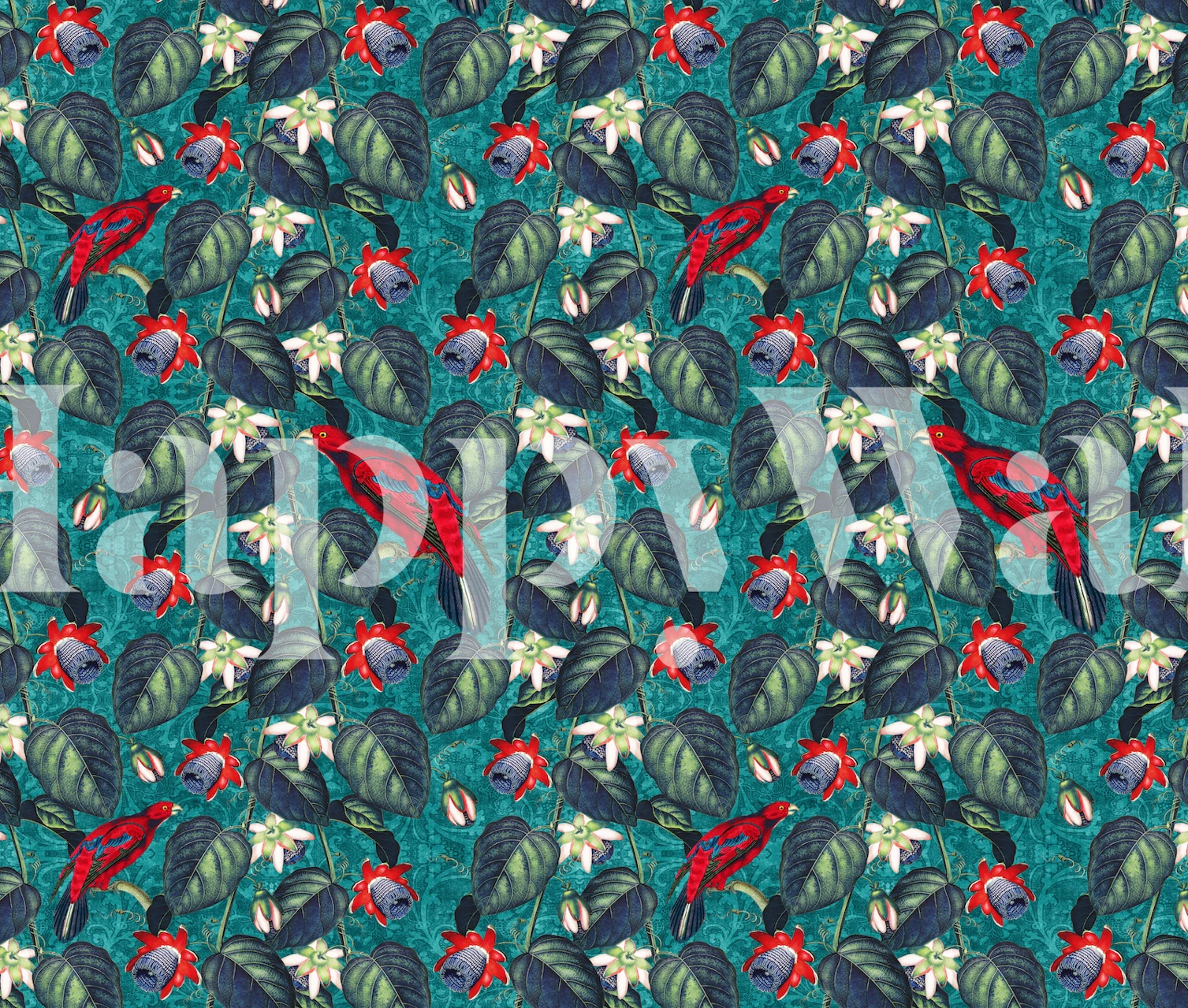 Paradise in Teal Red Green tapetdesign