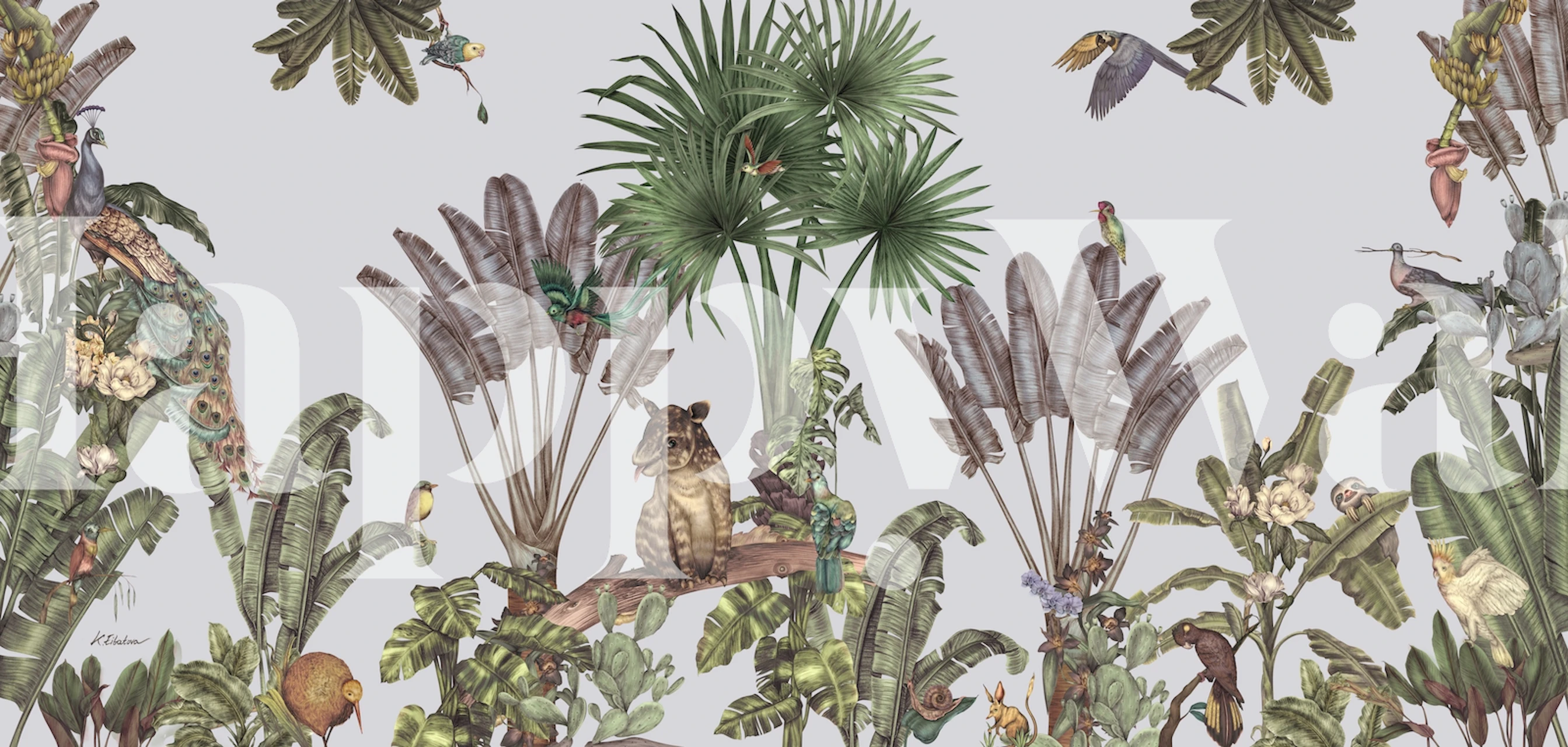 Light blue nursery wall mural featuring a baby tapir and tropical plants