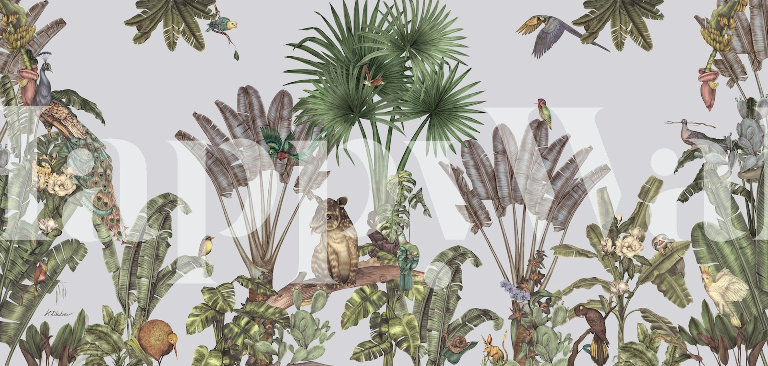 Light blue nursery wall mural featuring a baby tapir and tropical plants